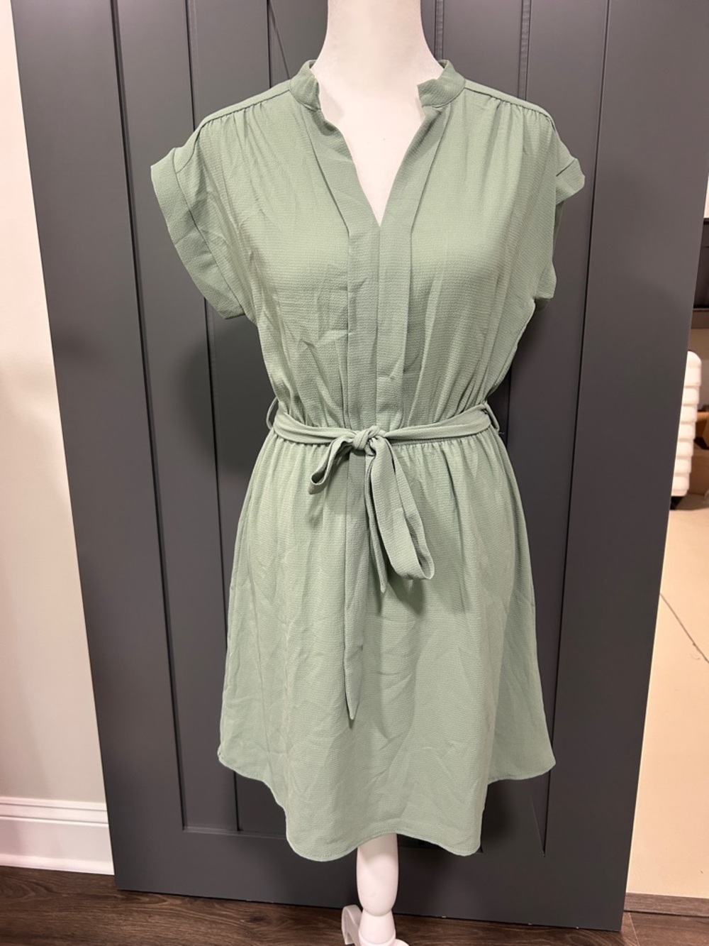 Monteau Sage Green Tie-Waist Cap Sleeve Mini Dress.  Excellent condition